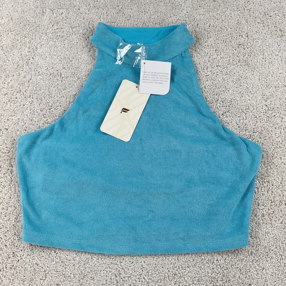 Fabletics Terry Built-In Bra Tank Mock Neck Racerback Crop Top Turquoise Blue L